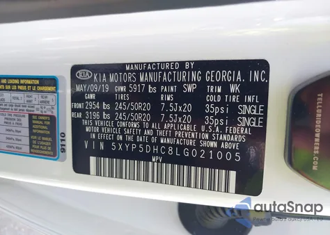 2020 Kia Telluride Sx z USA, uszkodzony, nr VIN 5XYP5DHC8LG021005